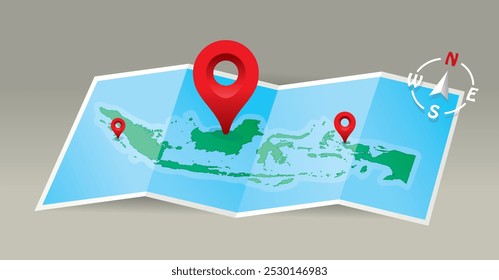 Illustration of Indonesia map from folded paper with red location markers. Vector illustration with flat style