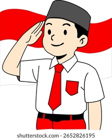 ilustração de um menino indonésio vestindo um peci tradicional, saudando em frente à bandeira indonésia para celebrar o Dia da Independência em 17 de agosto. 