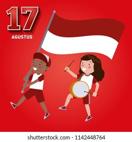 Illustration of Indonesian children celebrating Independence day. Holding Indonesian flag and hit the drum.