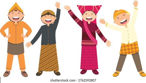 Illustration Of Indonesian Children Wearing Traditional Clothes