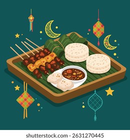 An illustration of Indonesian cuisine featuring satay skewers, rice cakes, and a flavorful sauce, presented on a wooden tray.