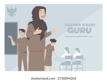 Ilustración de educadores indonesios con nota Gracias Profesor Héroes Anónimos en Educación