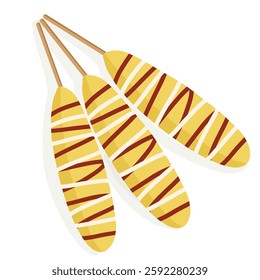Illustration of Indonesian egg rolls (Telur Gulung), a popular street food. Deep-fried eggs wrapped around skewers and drizzled with sauces.

