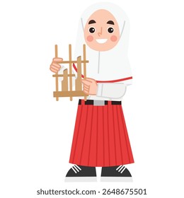 Illustration of Indonesian elementary school girl playing angklung