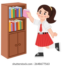 Illustration of an Indonesian elementary school girl taking a book from a bookshelf