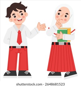 Illustration of Indonesian elementary school girls and boys talking