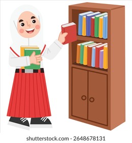 Illustration of an Indonesian elementary school hijab girl taking a book from a bookshelf
