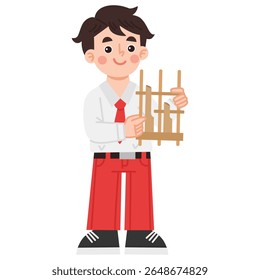 Illustration of Indonesian elementary school male students playing angklung