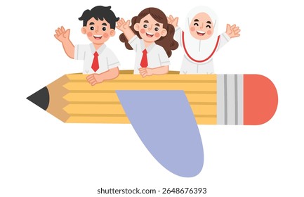 Illustration of Indonesian elementary school students riding pencils