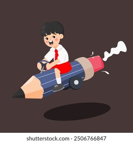 illustration of an Indonesian elementary student boy wearing uniform riding pencil car