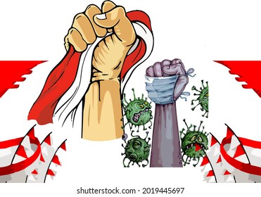illustration of indonesian independence by fighting the covid 19 virus