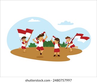 illustration of Indonesian independence day celebration, August 17. illustration of a child carrying an Indonesian flag.
