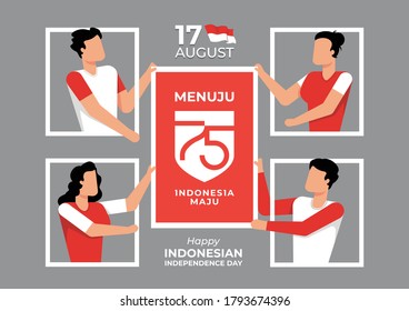 An illustration of indonesian people holding a celebration banner. Menuju Indonesia maju means towards Indonesia forward