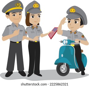 Illustration of Indonesian Police. a Man Riding a Vespa Scooter, a Woman Holding Files and a Police Commander