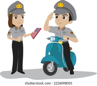 Illustration of Indonesian Police, Man Riding a Scooter and Woman Holding a File