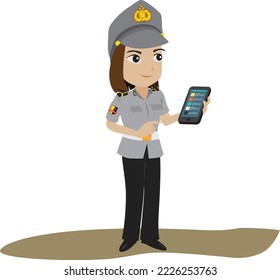 Illustration of Indonesian Policewoman Holding Mobile Phone
