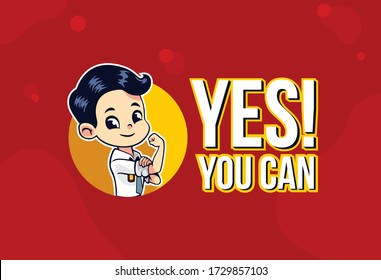 Illustration of Indonesian student holding an arm with motivational words 'yes you can' to face the national exam