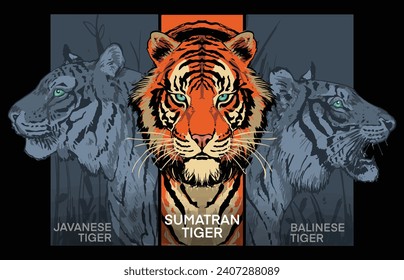 Illustration of an Indonesian tiger: the endangered Sumatran tiger flanked by the extinct Javanese tiger and Bali tiger