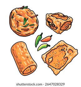Uma ilustração de comida frita tradicional indonésia com três pedaços de pimenta caiena, tempeh maltratado, rolo de primavera, tofu recheado e bakwan no fundo branco