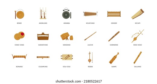 ilustración del instrumento musical tradicional indonesio, bende, angklung, aramba, kolintang, género, kecapi, ceng-ceng, garung, gendang, lalove, karinding, keso-keso, bonang, celempung, doli-doli