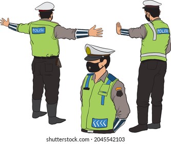 ilustración de la policía de tráfico indonesia en varias pose - vector