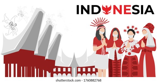 Illustration of Indonesian women dressed in traditional clothing with a house background. svg