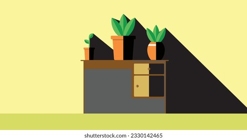 Illustration of indoor plants on a table exposed to sunlight
