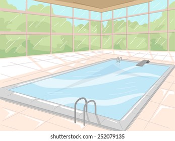 Illustration of an Indoor Swimming Pool Surrounded by Glass Windows