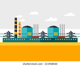 Illustration of industrial nuclear power plant in flat style.