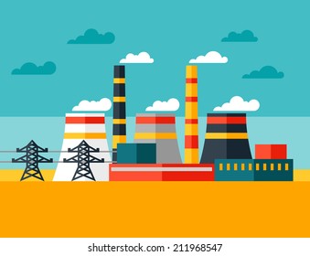 Illustration of industrial power plant in flat style.