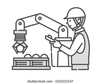 Illustration of an industrial robot working in cooperation with humans. Cooperative robots.