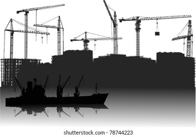 illustration with industrial ship and new city building