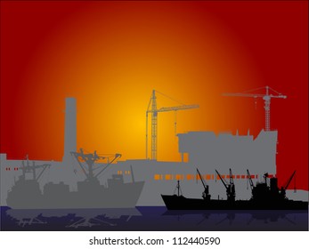 illustration with industrial ships and new city building