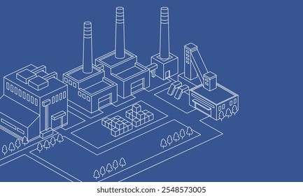 Ilustração de um sítio industrial. Descrever ilustração isométrica da arquitetura do plano de fabricação de fábrica.