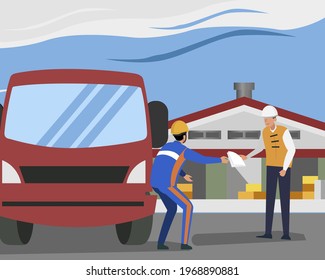 Illustration of industrial worker handing out documents
