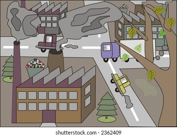 Illustration of industrial zone with factories and traffic. Environmental concept.