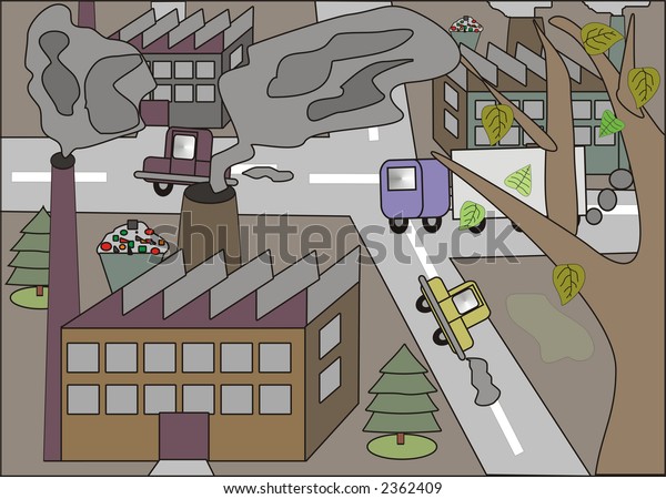 Illustration of industrial zone with factories\
and traffic. Environmental\
concept.