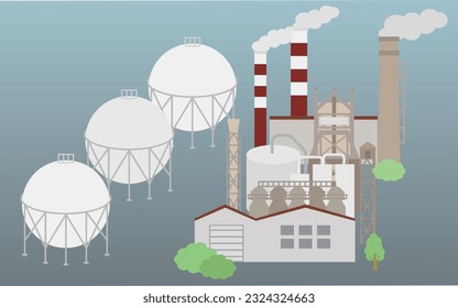 The illustration of an industrial zone (steelworks and gas tanks).