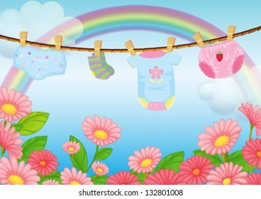 Illustration of the infant clothes near the garden