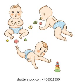 Illustration of infant. Three different poses.