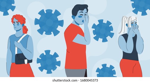 Illustration of infected person in a crowded place. A sick person coughs, spreading the virus. Threat and danger of disease. Banner for awareness of corona virus.