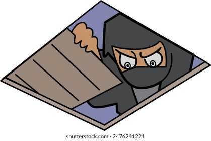 An illustration of an infiltrating ninja gathering information from the attic.