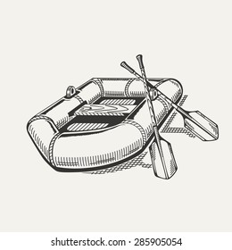 Illustration of inflatable boat with oars. Black and white.