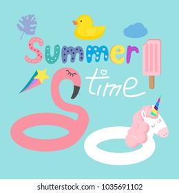 Illustration with inflatable flamingos and unicorn, ice cream and duck on blue background. Summer time.