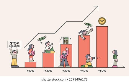  Illustration of inflation growth with increasing living costs and financial struggles. Concept of economic crisis, price rise, and purchasing power decline.