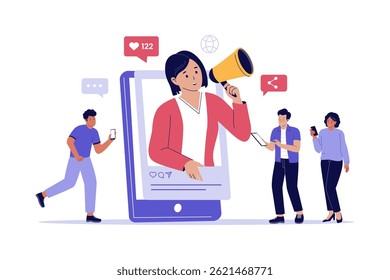 Illustration of Influencer Campaign. Social Media Marketing Illustration with Mobile Engagement. Illustrations for websites, landing pages, mobile apps, posters and banners