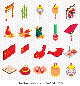 illustration of info graphic chinese object icons set concept in isometric graphic