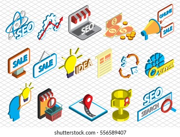 illustration of info graphic seo optimization icons set concept in isometric 3d