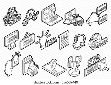 illustration of info graphic seo optimization icons set concept in isometric 3d