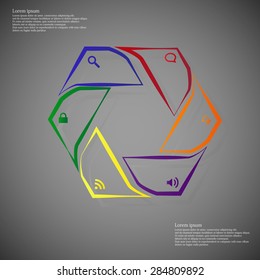 Illustration infographic of color hexagon consists of six separate parts, each created from outlines contour. Each part contains simple symbol motif. Background is dark